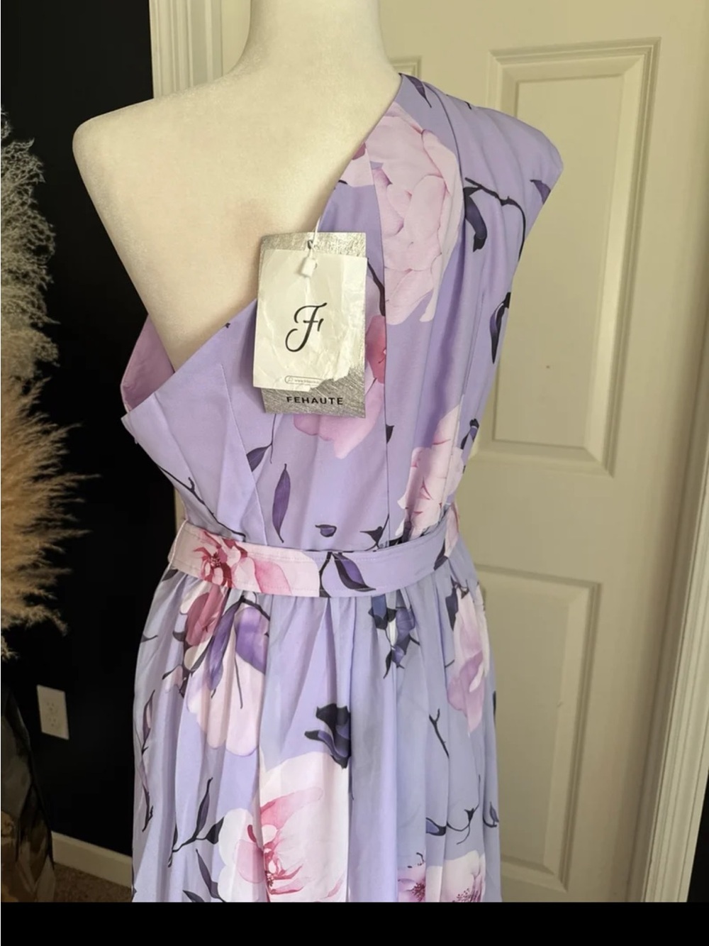 NWT FEHAUTE Ruched Slit Chiffon One Shoulder A-Line Gown Maxi Dress size 12/Lrg - Picture 9 of 12